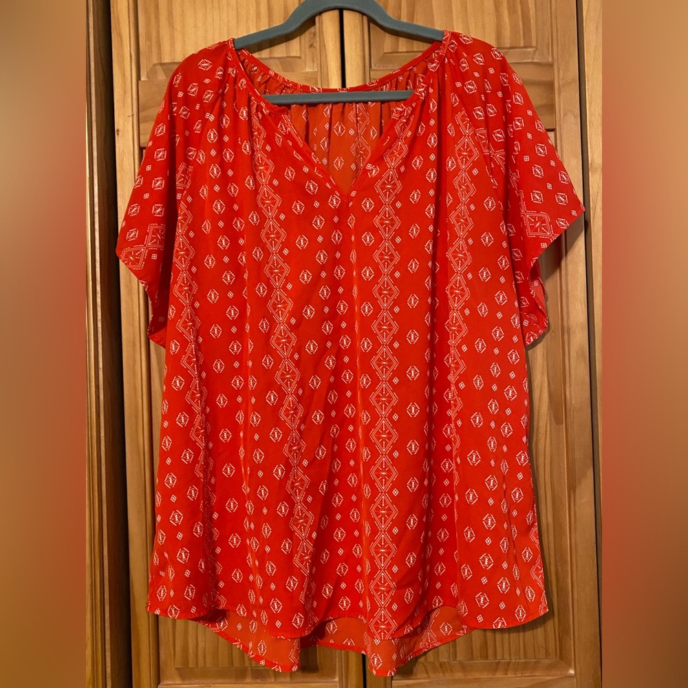 Red Patterned V-Neck Blouse